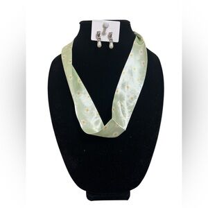 (#121) Elegant Light Green Floral Scarf and Earring Set